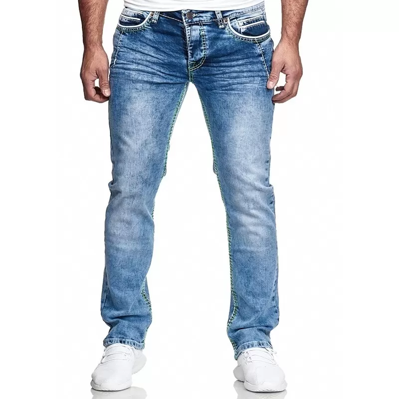 Washed Straight Cut Regular Stretch Jeans Pants Casual Long Pants