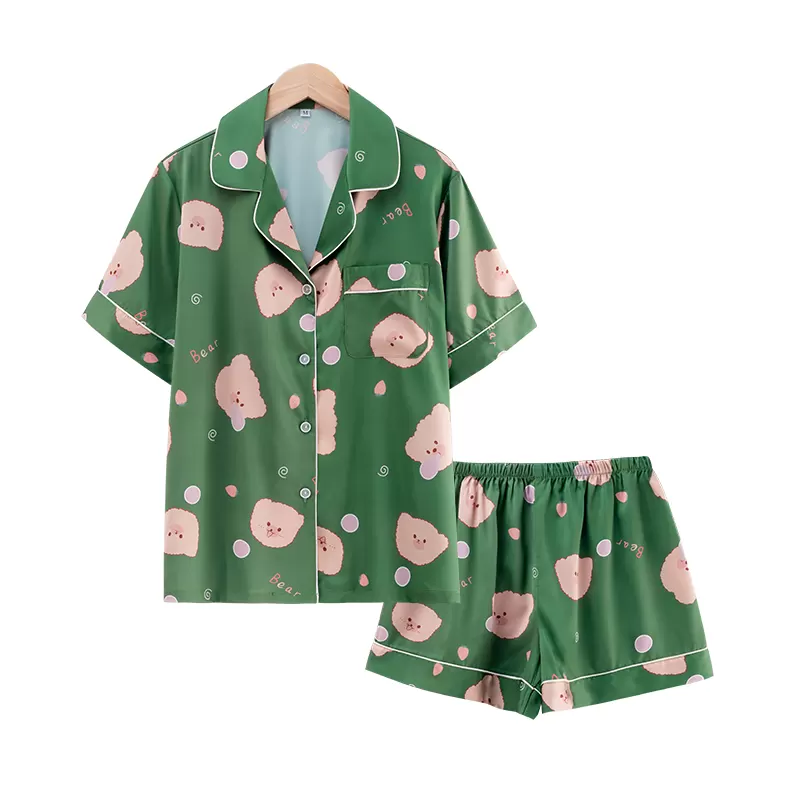Factory Wholesale High Quality Women Fashion Short Pajamas Satin Silk Casual Homewear Printed Sleepwear Pajamas In Summer