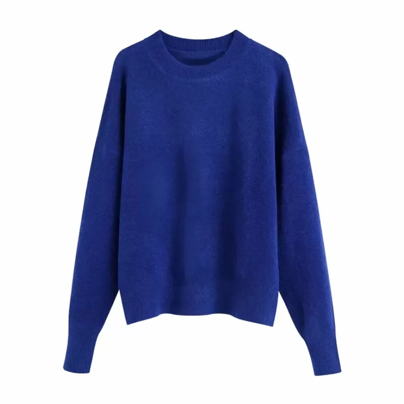 Bangladesh Manufacturer Women O Neck Long Sleeve Blue Knitted Sweater Loose Pullover Casual Lady Tops Wholesale Supplier Factory